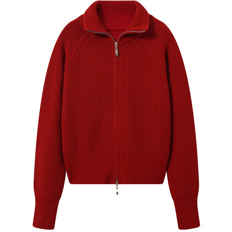 菲妮迪2025春新款红色高领纯羊毛针织开衫双开拉链毛衣外套女上衣