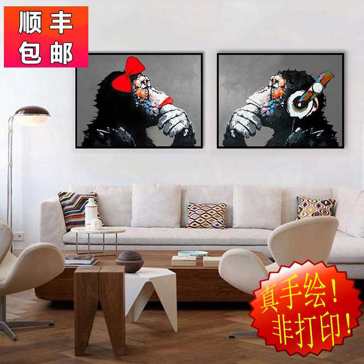 纯手绘油画北欧简约装饰现代抽象动物立体唱歌斑马听音乐猩猩猴子图片