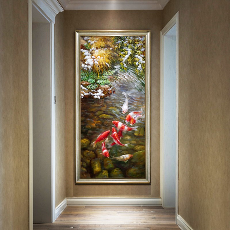 手绘油画九鱼图美式入户玄关装饰画新中式餐厅走廊过道挂画竖版图片