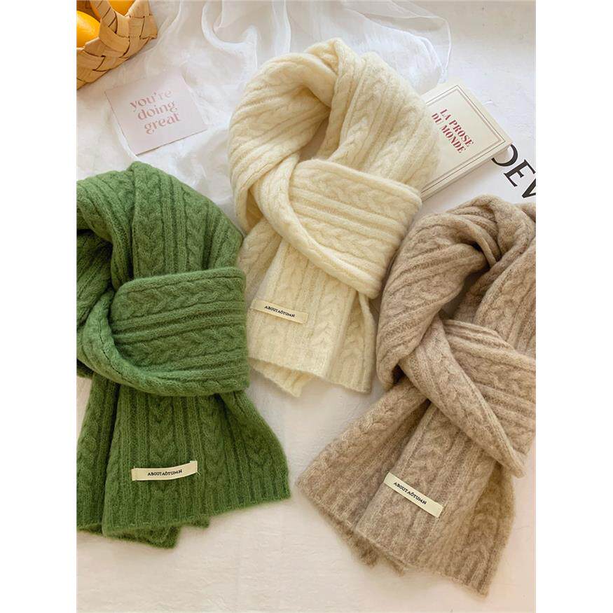 出口韩国~纯色麦穗羊绒围巾女冬季百搭学生情侣保暖针织羊毛围脖