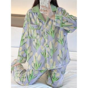 珊瑚绒睡衣女款秋冬季加厚加大码胖mm法兰绒可外穿冬款家居服套装