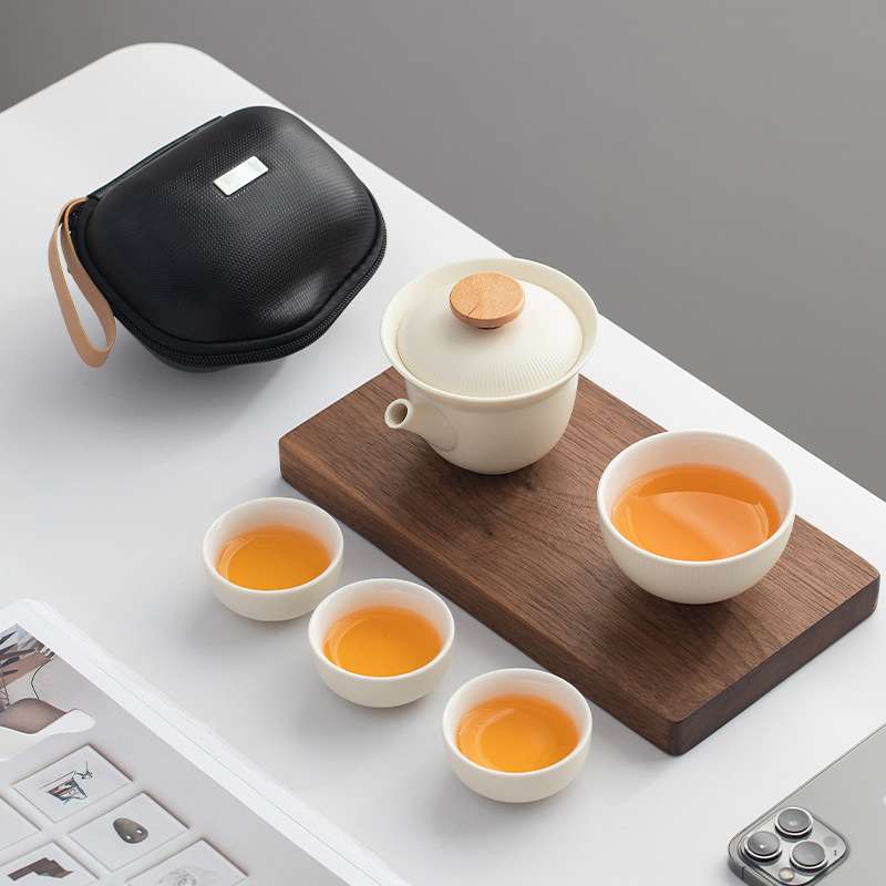 奶油黄便携式旅行茶具小套装手抓泡茶壶茶杯简易户外游露营快客杯