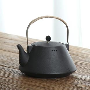 粗陶单壶1000毫升黑色茶水壶家用 黑陶茶壶提梁壶陶瓷水壶大号日式