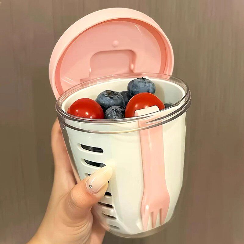 高颜值便携沥水果杯带叉双层沙拉