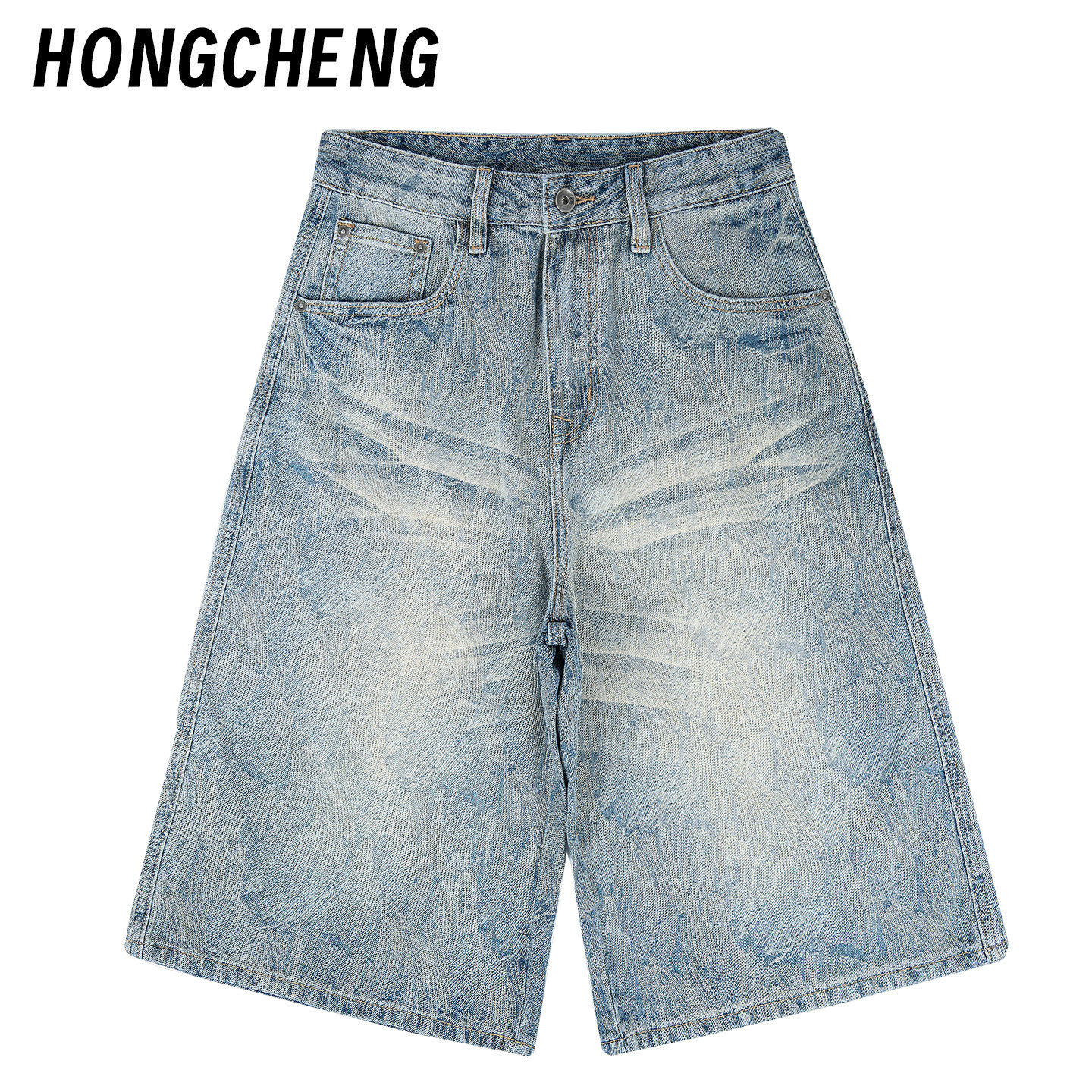 HONGCHENG美式休闲复古男士短裤夏季新款时尚直筒宽松牛仔中裤