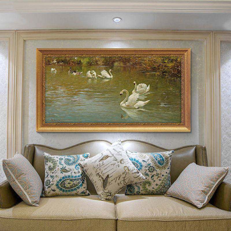 世界名画古典风景油画欧式别墅客厅餐厅挂画池塘里的天鹅装饰画