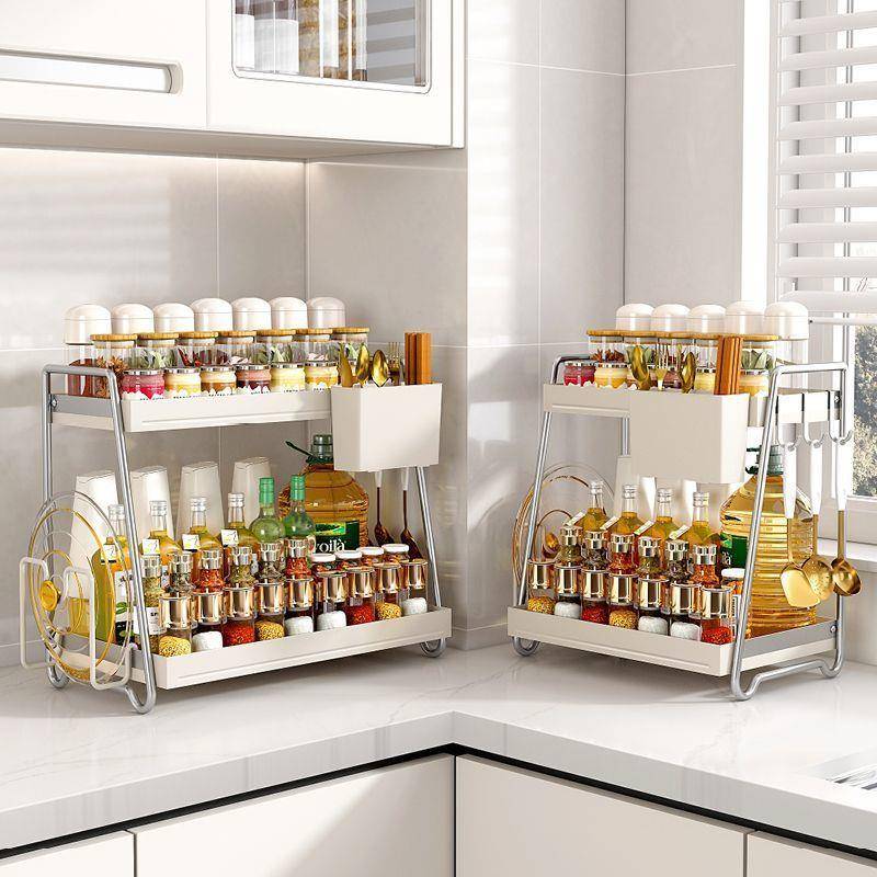 新世程调料品置物架不锈钢厨房置物架双层厨房台面调味瓶收纳架无
