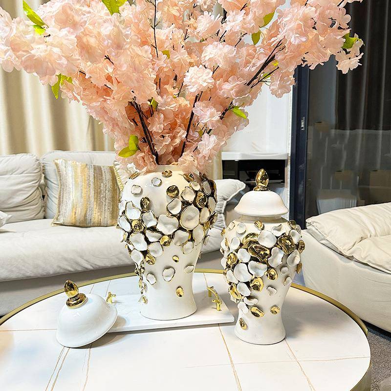 现代轻奢手工贴花电镀金色陶瓷将军瓶样板房客厅玄关插花花瓶摆件