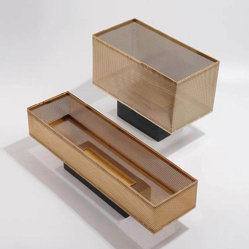 现代轻奢花瓶金属长方形花器摆件样板房售楼处网格花盆软装饰品