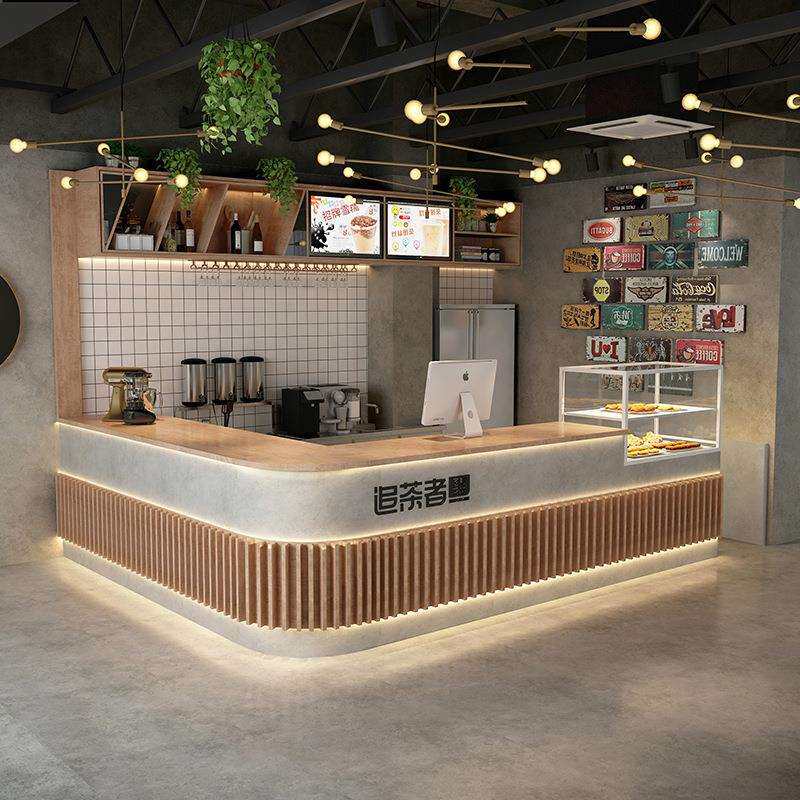 奶茶店吧台收银台实木水吧圆弧转角烘焙店前台吧酒轻奢甜品店