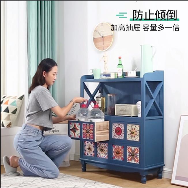 9U复古美式彩绘斗柜实木餐边柜多抽屉收纳储物柜客厅书架阳台置物