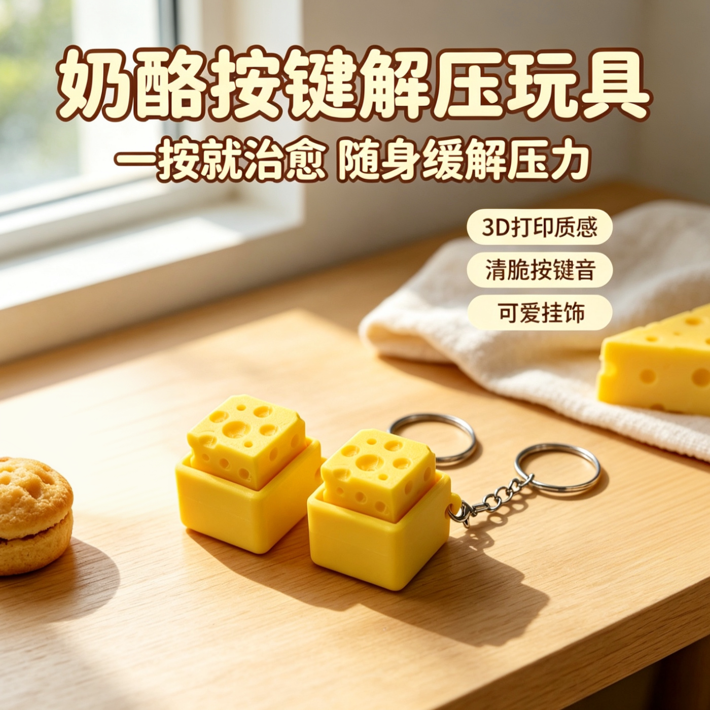 3D打印奶酪按键解压钥匙扣