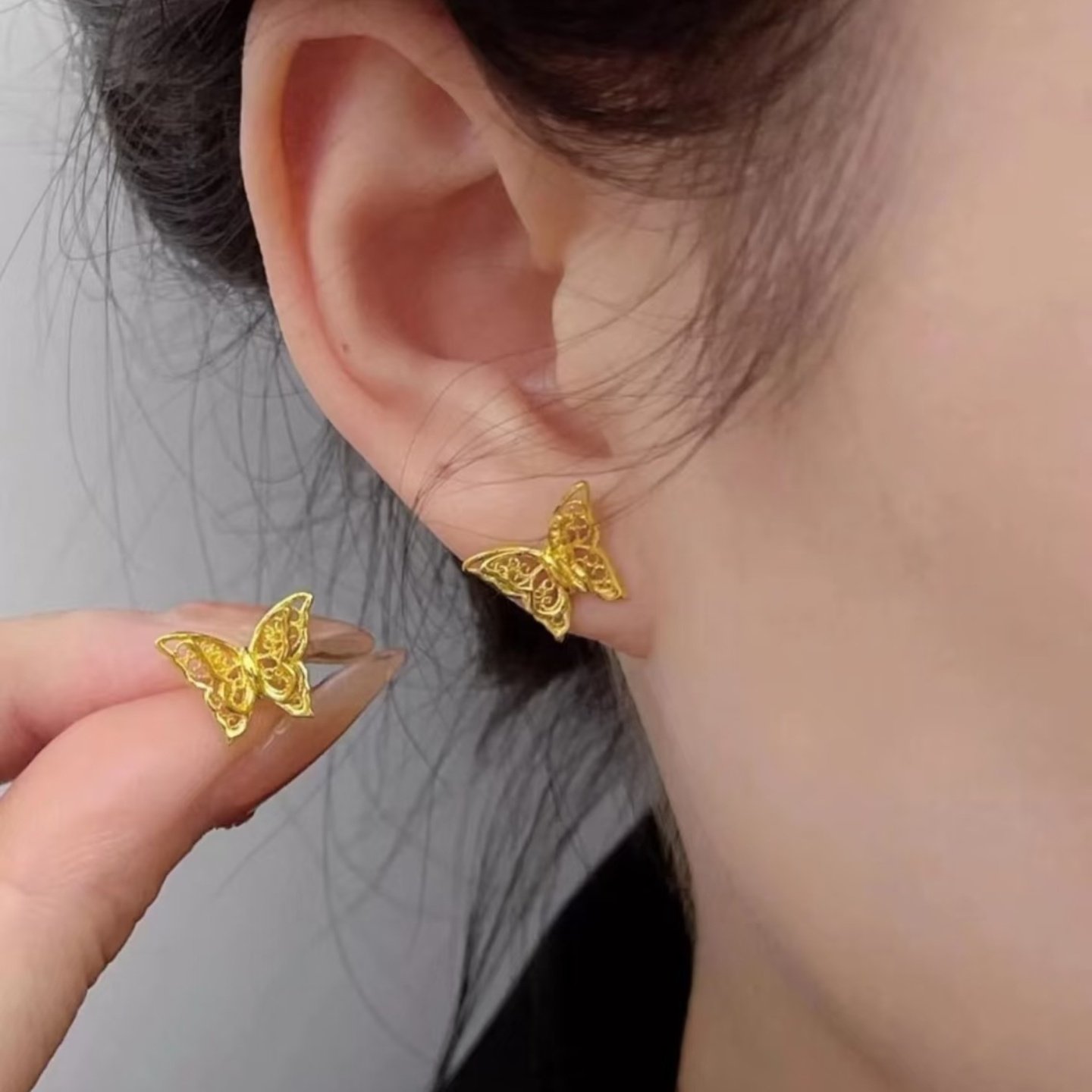 古法沙金镂空花丝双层蝴蝶耳钉