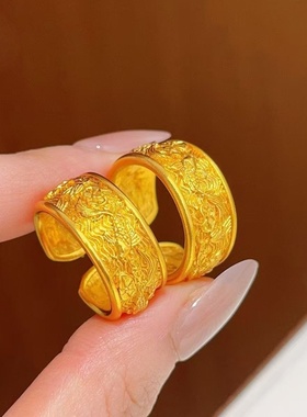 卡纯诗轻奢古法篆刻锦鲤戏莲开口戒指女可调节仿黄金色指环高端