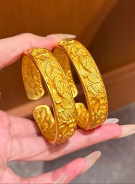 金店同款沙金仿真金宽面錾刻牡丹花手镯实心复古花朵镯子国风送礼