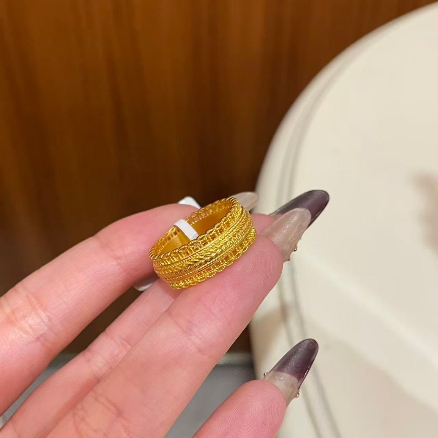 卡纯诗仿真金黄金色款腰缠万贯戒指编织纹理女宽面大气百搭指环