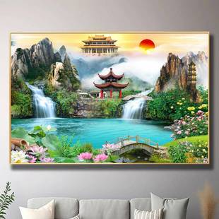 有山有水仙家堂口流水生财小桥亭子仙堂风景画客厅办公室装饰挂画