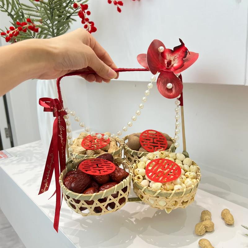 结婚果篮手工编织竹篮子手提摆台婚庆竹编婚房装饰订婚糕点摆盘
