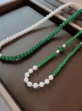 薄荷曼波绿色琉璃串珠珍珠项链拼接设计感锁骨链国潮复古轻奢项饰