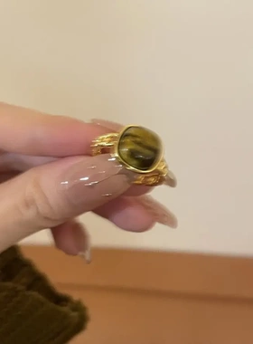复古虎眼石开口戒指小众设计感食指戒轻奢精致气质指环高级感戒指