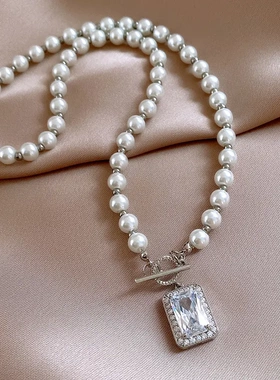 法式锆石方形吊坠珍珠项链配饰高级感锁骨链复古气质百搭项饰