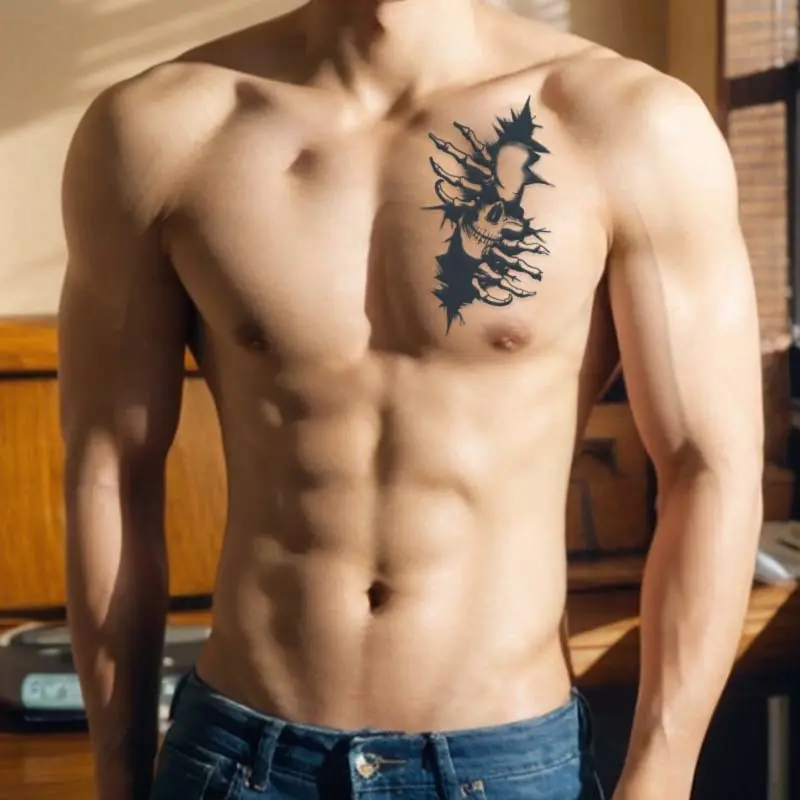 骷髅裂缝痞帅胸前草本纹身贴男防水持久高端不反光半果汁图案