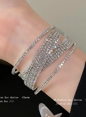 欧美镶钻交叉开口手镯高级感轻奢气质手环重工设计感通勤手饰