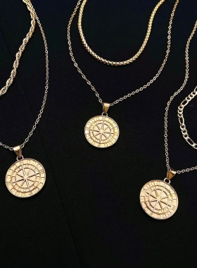 欧美ins风圆盘针项链女朋克嘻哈叠戴双层硬币罗盘吊坠锁骨链