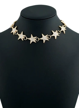 大气简约满钻星连星欧美时尚五角星形镶钻短款颈链项链锁骨链