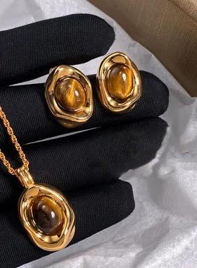 真金电镀人造虎眼石吊坠项链美拉德时尚秋冬毛衣链复古气质饰品女