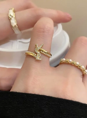 韩系ins花朵珍珠戒指轻奢锆石食指戒时尚百搭高级感手饰