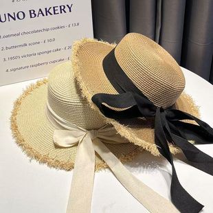 海邊度假沙灘遮陽防曬帽結大帽檐太陽帽子 平頂毛邊草帽女夏季