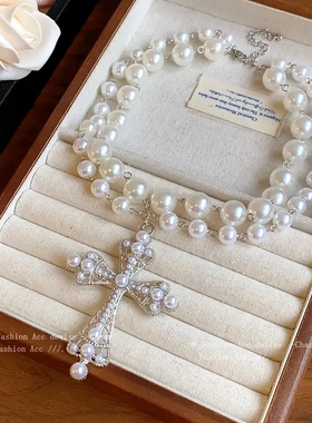 不规则珍珠十字架吊坠项链欧美夸张锁骨链时尚小众个性项饰女