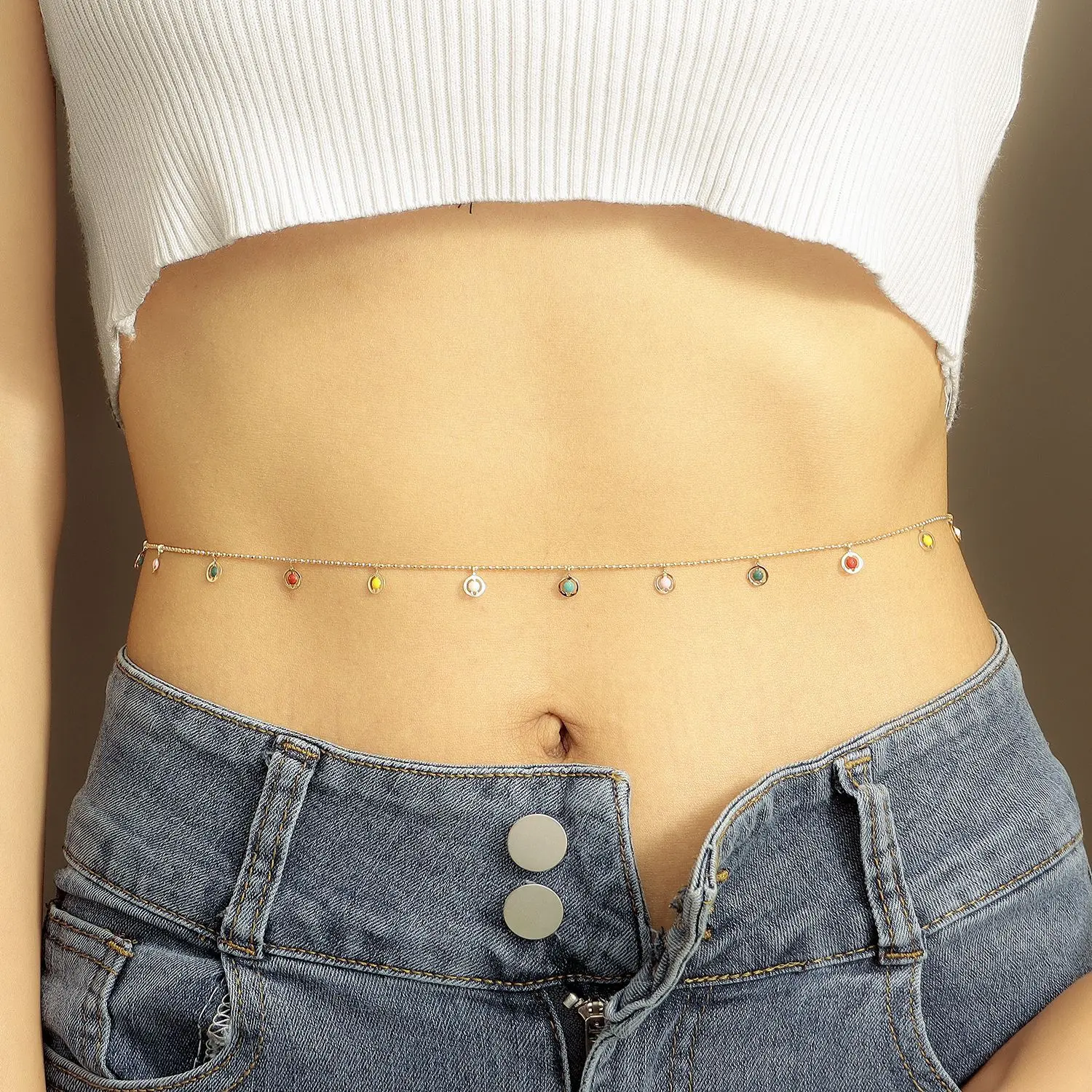 欧美饰品夏季沙滩风七彩滴油五角星嘴唇几何腰链女小众身体链