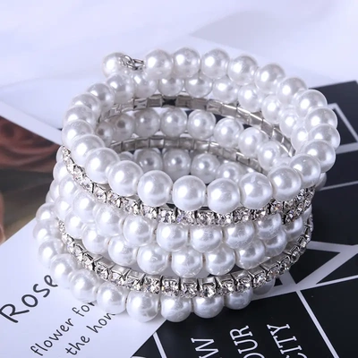 欧美夸张甜美时尚镶嵌水晶玻璃多层 玻璃珍珠手链钢圈手镯