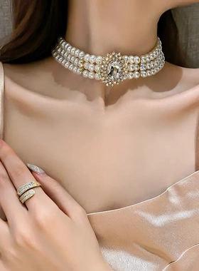 镶钻珍珠项链时尚设计锁骨链轻奢高级感气质饰品女