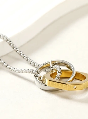 不锈钢饰品时尚百搭love字母双环钛钢项链几何多面吊坠毛衣链