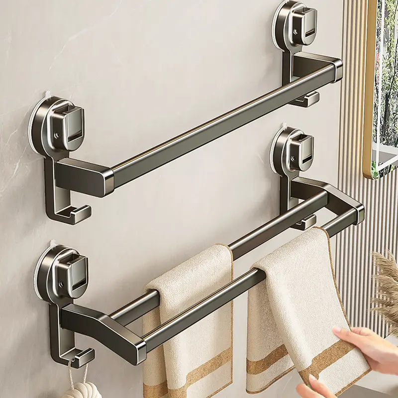 吸盘毛巾杆浴室厨房单杆架卫生间阳台可移动双杆带钩收纳