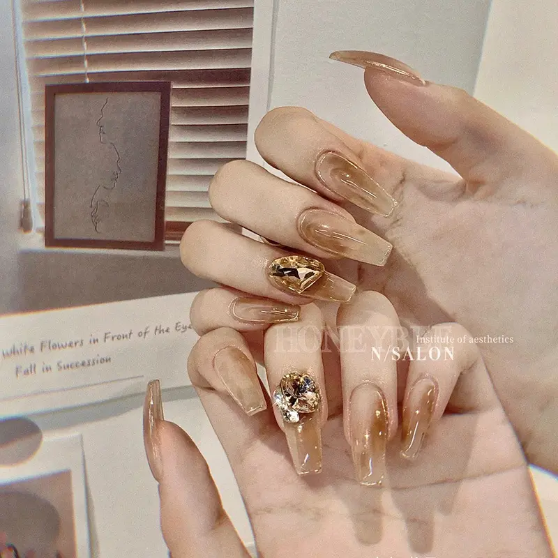 美甲尖底歪桃心异形钻香槟单款超闪水钻金色魅影水晶立体