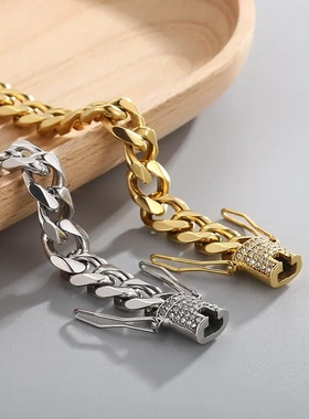 欧美速卖通男士不锈钢古巴链 带钻扣头镀金钛钢镶钻古巴项链