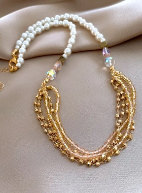 波西米亚米珠水晶珍珠项链轻奢高级感锁骨链度假风时尚项饰女