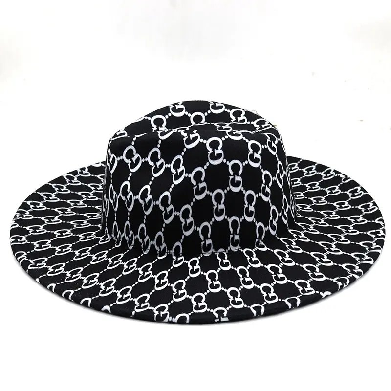 9m帽檐欧美时尚条纹毛呢礼帽男女士潮流大沿毡帽秋冬爵士帽