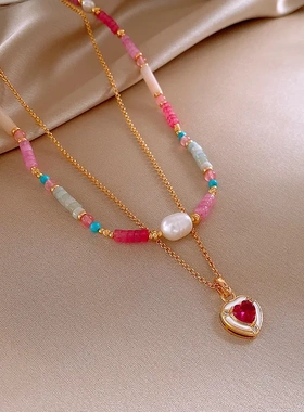 真金电镀彩色几何形串珠淡水珍珠项链个性潮流锁骨链甜美轻奢项饰