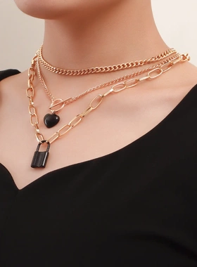 欧美饰品 简约多层金属链条泳黑桃心挂锁项饰 甜酷暗黑项链女