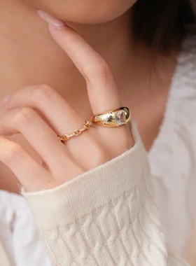 韩国轻奢方形锆石人造虎眼石开口戒指简约时尚食指戒高级感手饰女