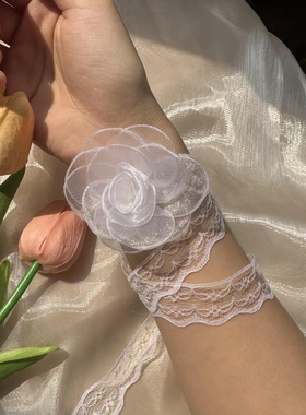 新款白色蕾丝小花手腕花女绑发气质颈链手链丝带法式复古扎发头饰