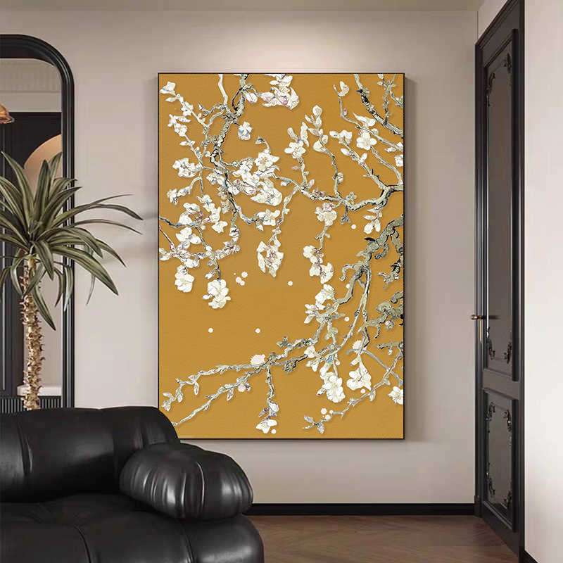 法式复古杏花纯手绘油画抽象丙烯中古客厅装饰画卧室餐厅小众挂画图片