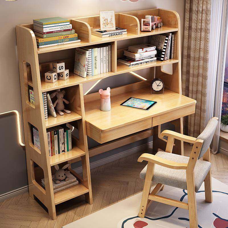 原木卧室桌实木组合电脑桌儿童一体电脑学习学生家用用学桌椅写字