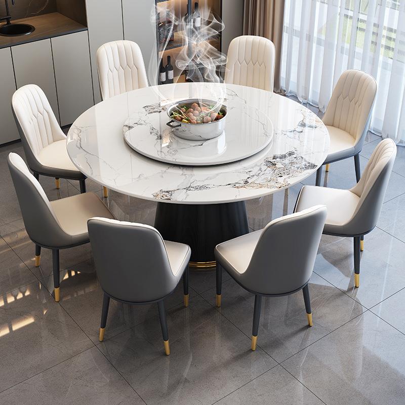 高端岩板餐桌椅组合轻奢实木大圆桌现代简约餐厅家用带转盘饭桌