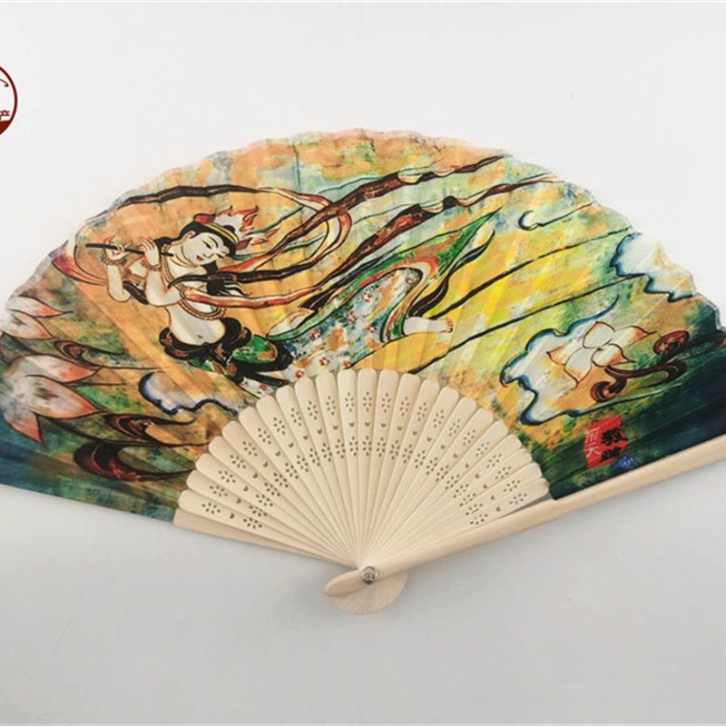 敦煌飞天折扇文创扇子中国风古典汉服礼品绫绢扇舞蹈扇复古手工艺